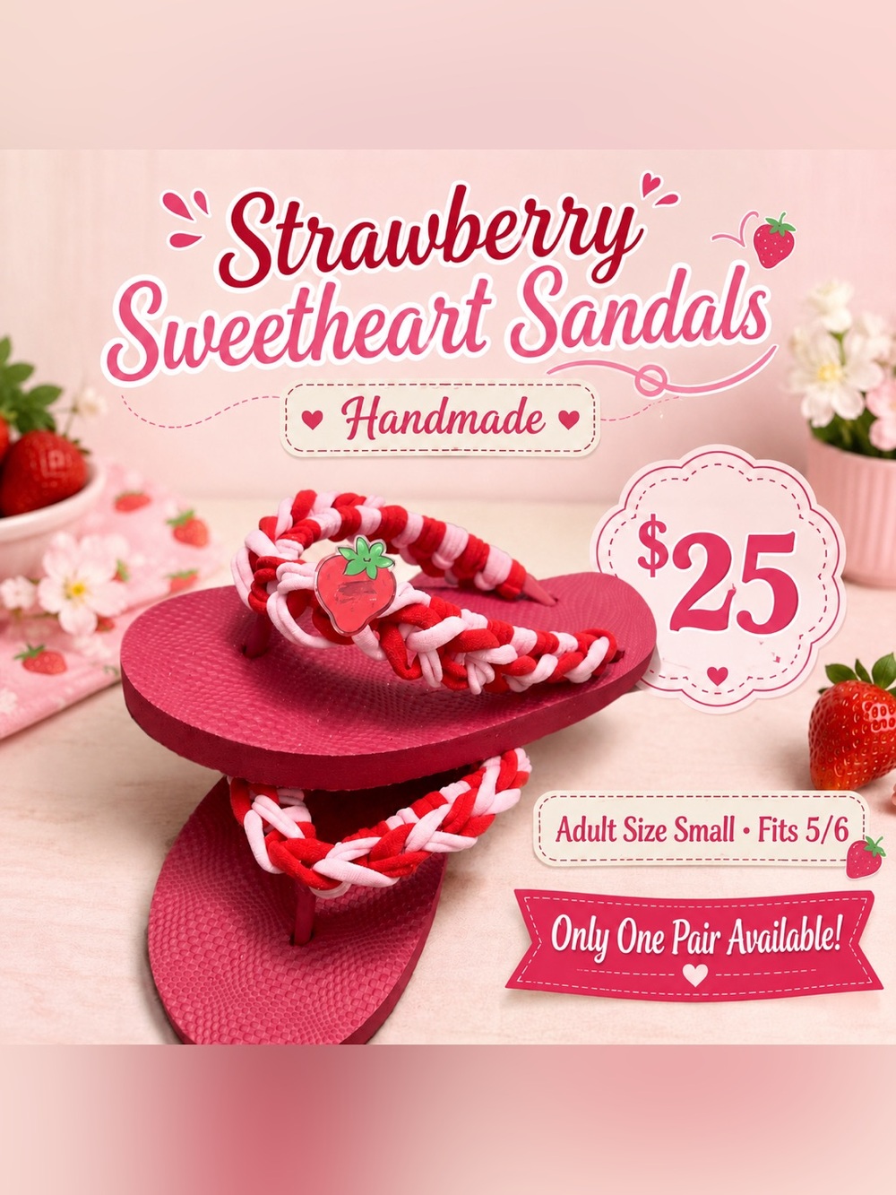 🩷. S-46. Adult Handmade Strawberry Pink & Red Kids' Sandals